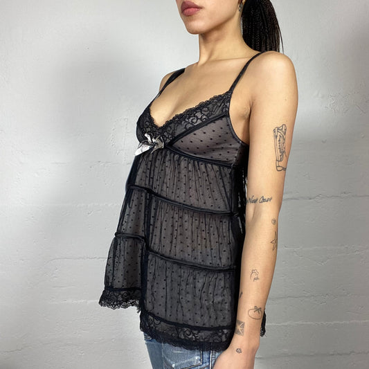 Vintage 2000's Coquette Black Frilled Mesh Top with Polkadots Print and Ribbon Detail (S)