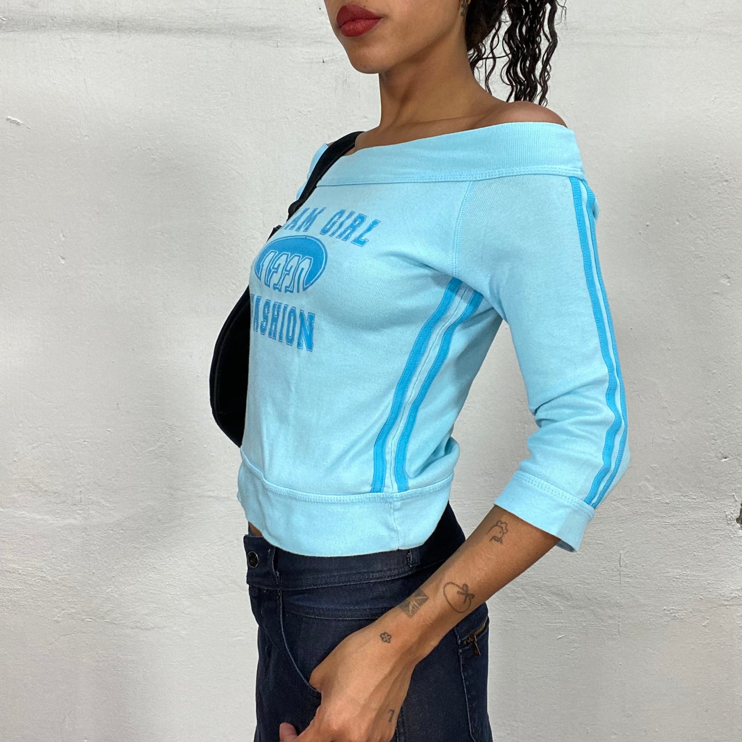 Vintage 2000's Sporty Blue Off Shoulder Longsleeve Top with "Team Girl" Typography Print (S/M)