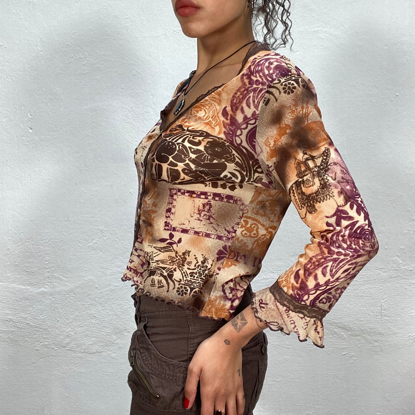 Vintage 90's Indie Mesh Beige Cardigan with Brown Lace Trim and Culture Print (S)