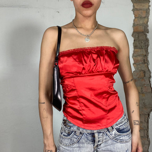 Vintage 2000's Downtown Girl Red Satin Strapless Top with Mesh Trim (S)