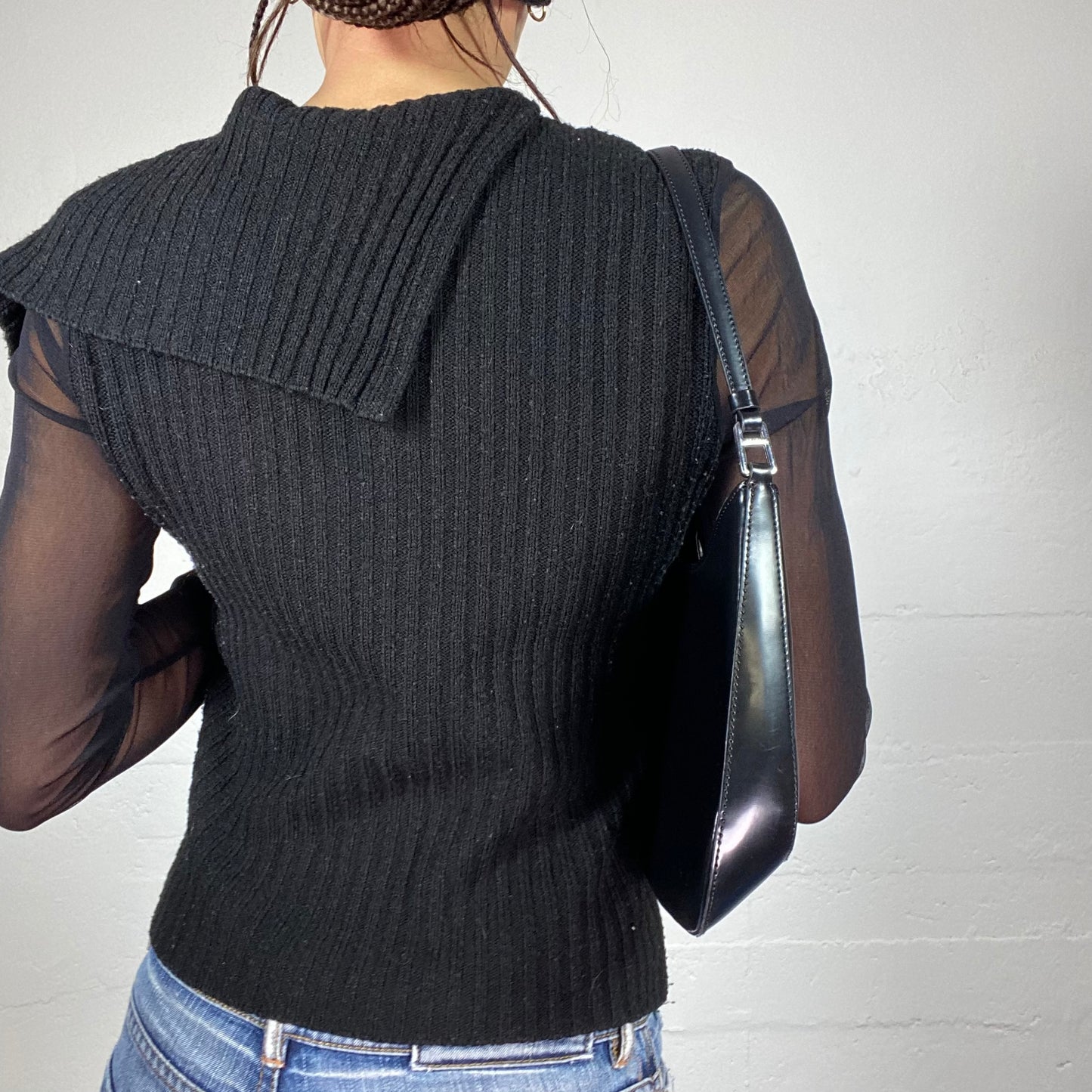 Vintage 2000's E-Girl Black Mesh Longsleeve Knitted Top with Fuchsia Lining (S)