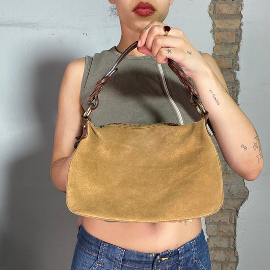 Vintage 90's Western Camel Brown Suede Shoulder Bag with Brown Leather Strap