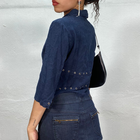 Vintage 2000's Model Off Duty Dark Denim Jacket with Zipper and Tacks Detail (XS)