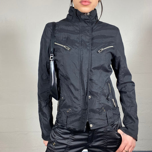 Vintage 2000's Charlie's Angels Black Short Coat with Zips and Highneck Detail (S)