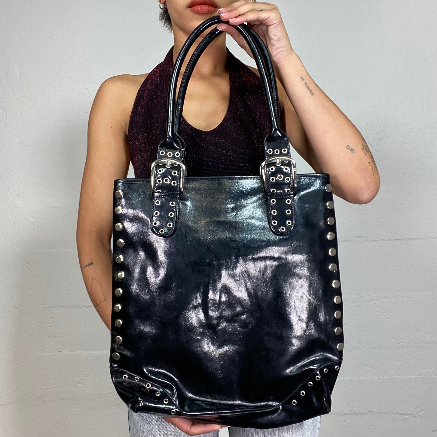 Vintage 2000's Archive Black Glossy Shoulder Bag with Decorative Silver Studs Detail