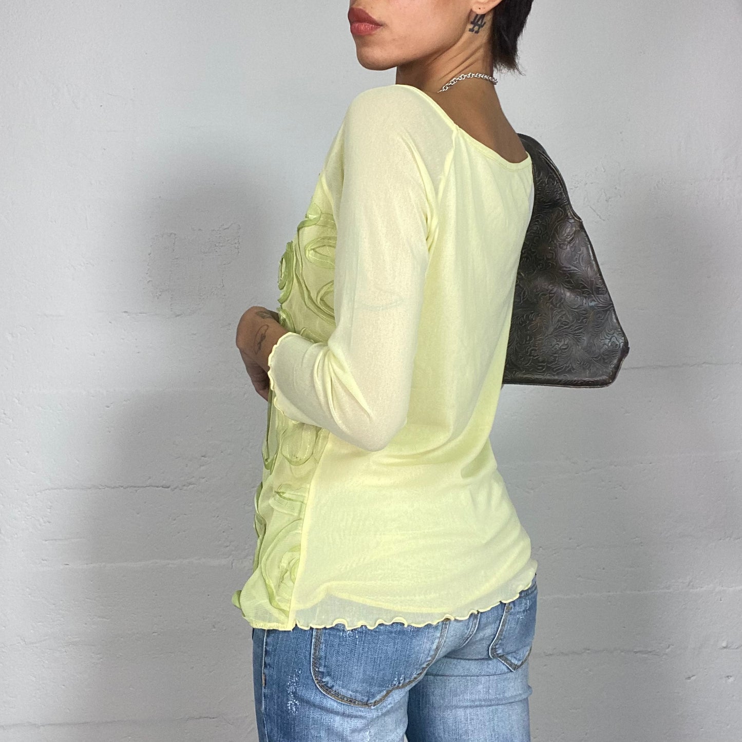 Vintage 2000's Sleaze Lime Green Longsleeve Top with Swirly Print (M)