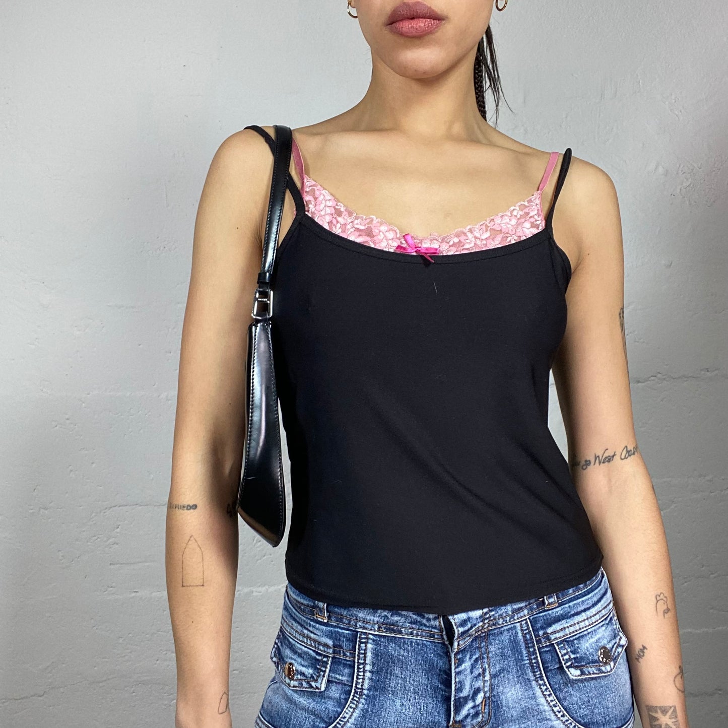 Vintage 90's Downtown Girl Black Top with Pink Neckline Lace Trim Detail (S)