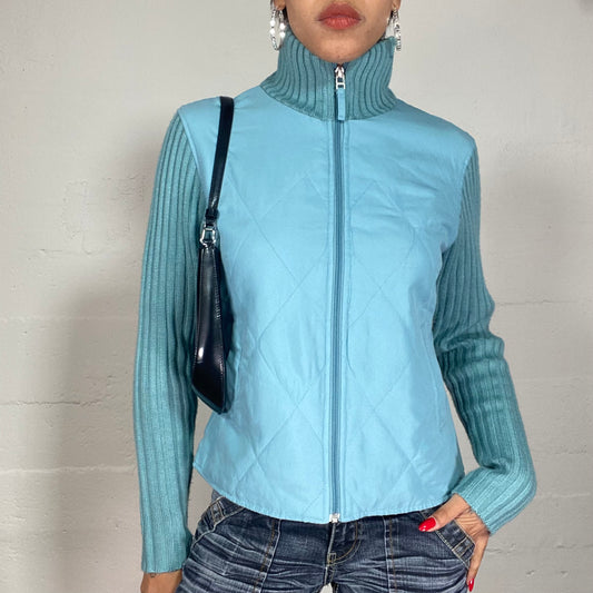 Vintage 2000's Downtown Girl Blue Jacket with Knitted Sleeves and Highneck Detail (S/M)