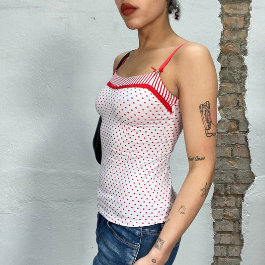 Vintage 90's Soft Girl White Top with Red Polka Dots (S)