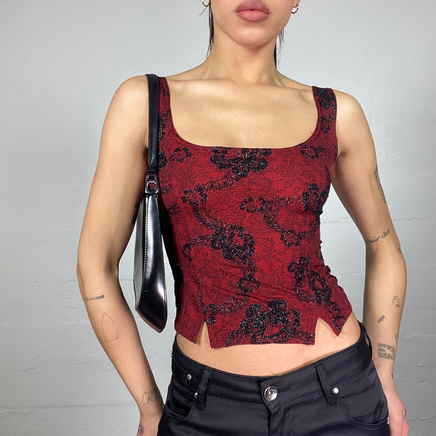 Vintage 2000's Vamp Goth Garnet Corset Top with Black Floral Lacing (S)