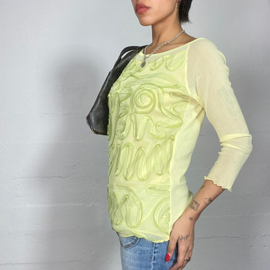 Vintage 2000's Sleaze Lime Green Longsleeve Top with Swirly Print (M)