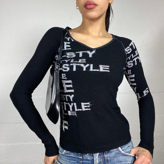 Vintage 2000's Cyber Black Longsleeve Top with Grey Typography Print (S)