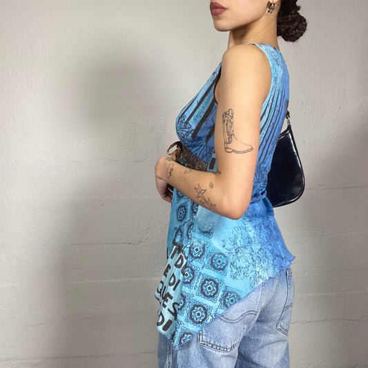 Vintage 90's Hippie Blue Top with Brown Text Print (M)