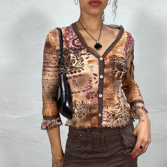 Vintage 90's Indie Mesh Beige Cardigan with Brown Lace Trim and Culture Print (S)