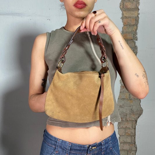 Vintage 90's Western Camel Brown Suede Shoulder Bag with Brown Leather Strap