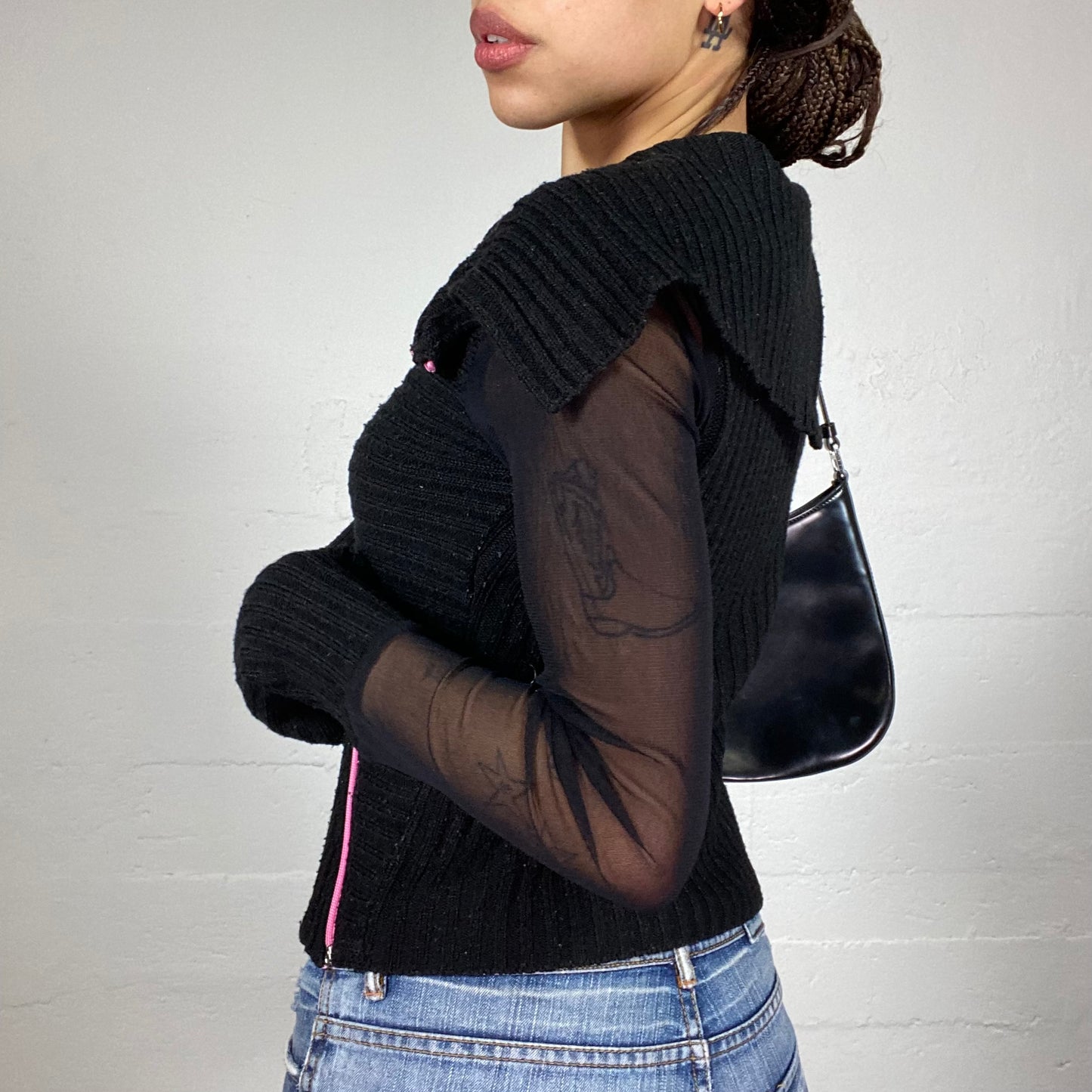 Vintage 2000's E-Girl Black Mesh Longsleeve Knitted Top with Fuchsia Lining (S)