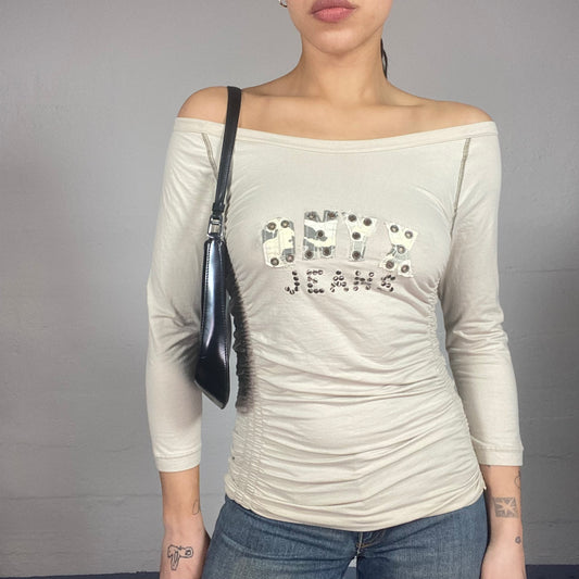 Vintage 2000's Downntown Girl Beige Ruched Long Sleeve Top with 'Onyx Jeans' Camo Patched Up Detail (M/L)