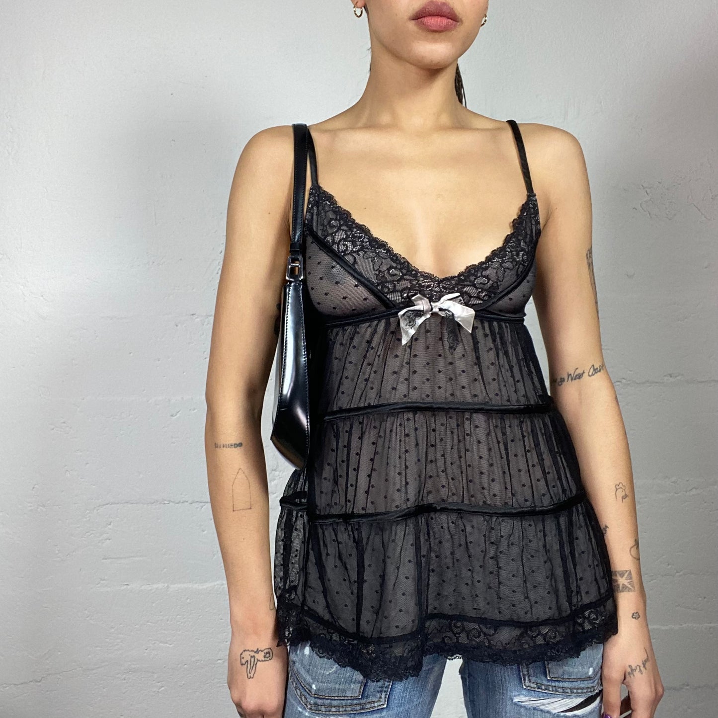 Vintage 2000's Coquette Black Frilled Mesh Top with Polkadots Print and Ribbon Detail (S)