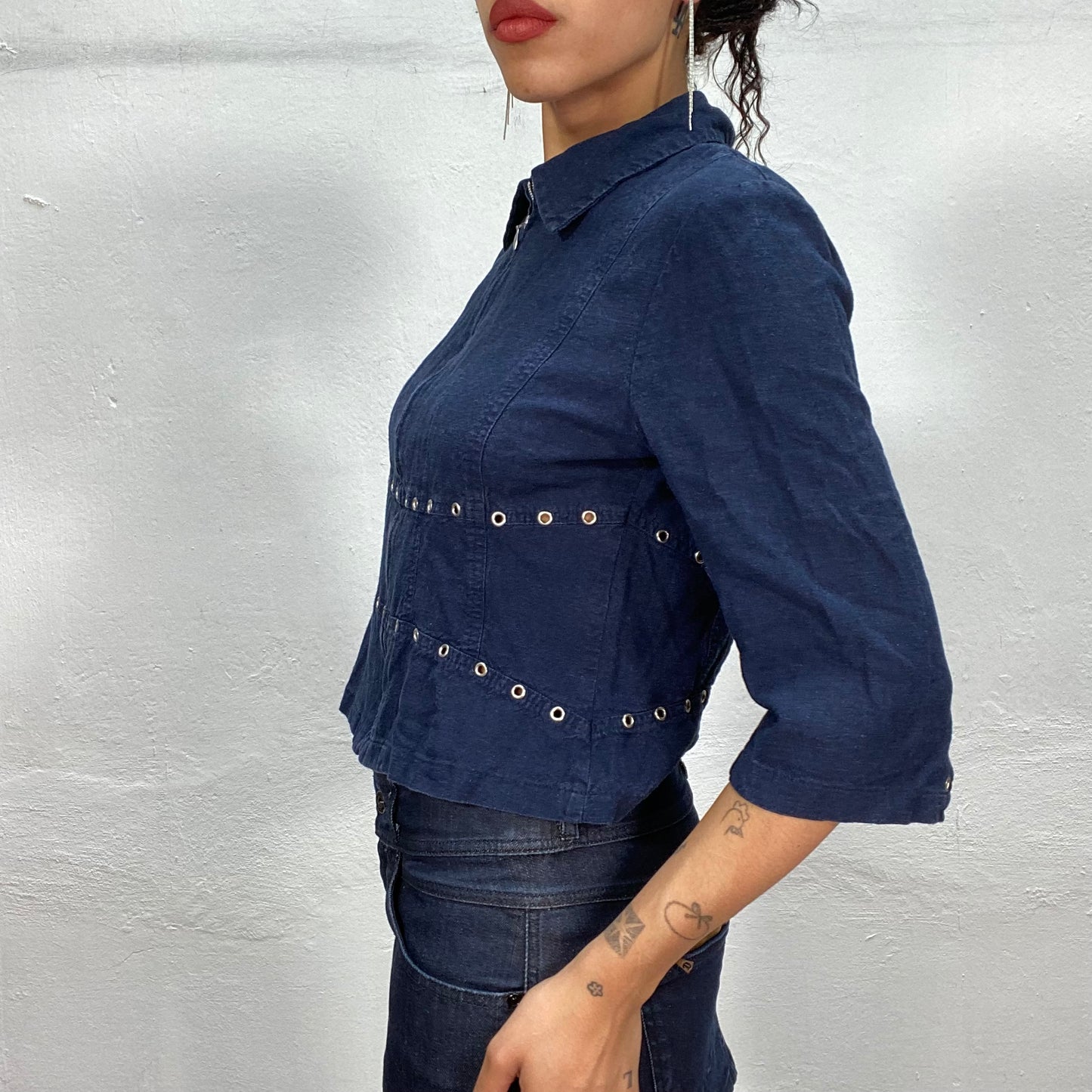 Vintage 2000's Model Off Duty Dark Denim Jacket with Zipper and Tacks Detail (XS)