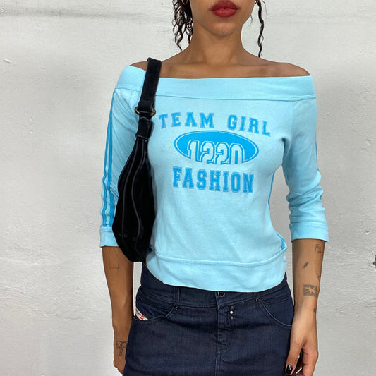 Vintage 2000's Sporty Blue Off Shoulder Longsleeve Top with "Team Girl" Typography Print (S/M)