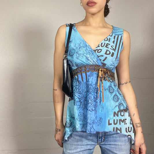 Vintage 90's Hippie Blue Top with Brown Text Print (M)