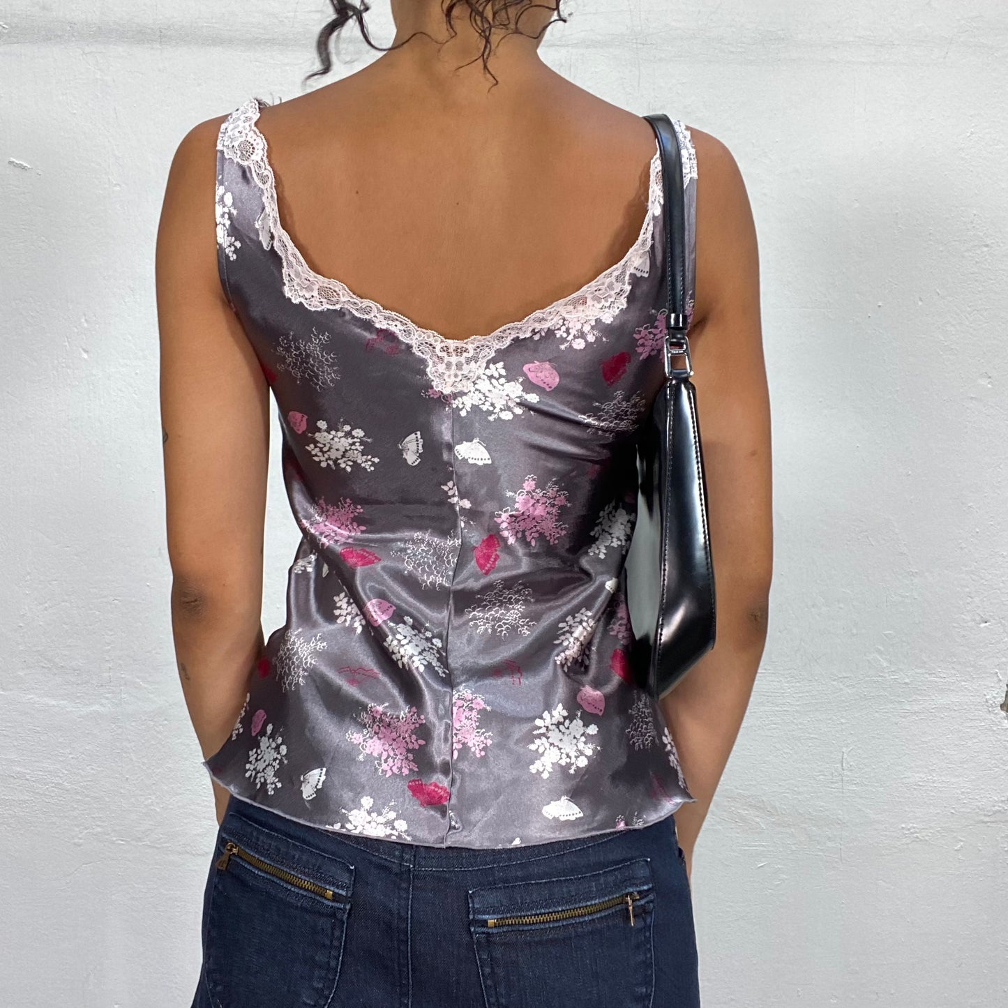 Vintage 2000's Coquette Grey Satin Top with Pink Floral Print and Lace Trim Detail (S)