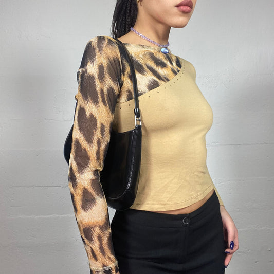 Vintage 2000's Cheetah Girls Beige Longsleeve Top with One Sleeve Leo Print (S/M)