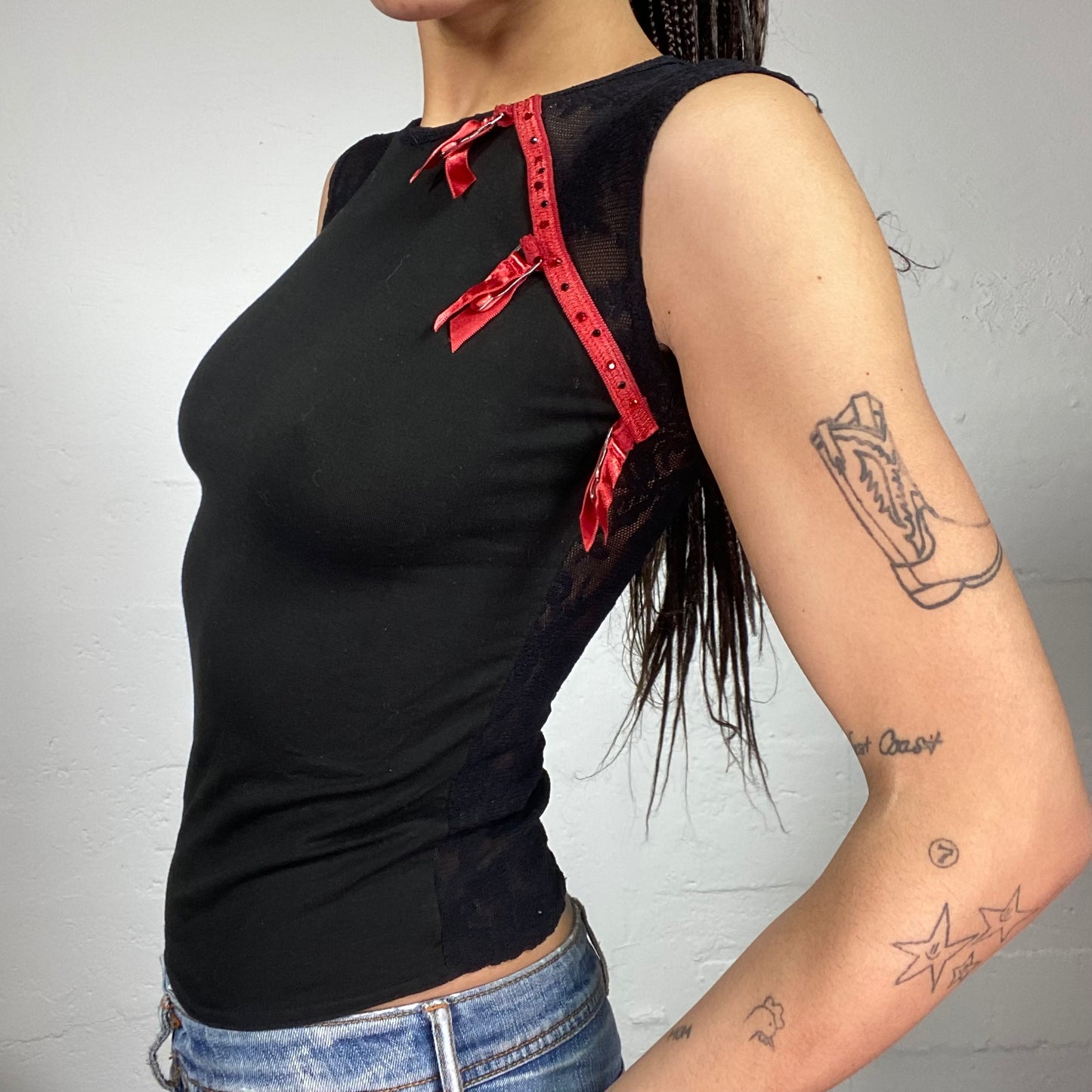 Vintage 2000's Downtown Girl Black Top with Red Side Ribbon Trim and Mesh Lace Back Detail (S)