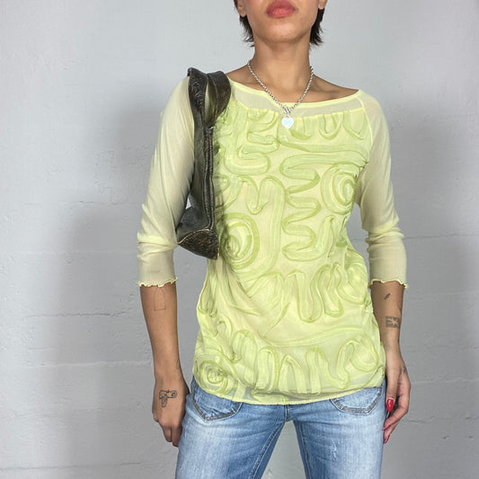 Vintage 2000's Sleaze Lime Green Longsleeve Top with Swirly Print (M)
