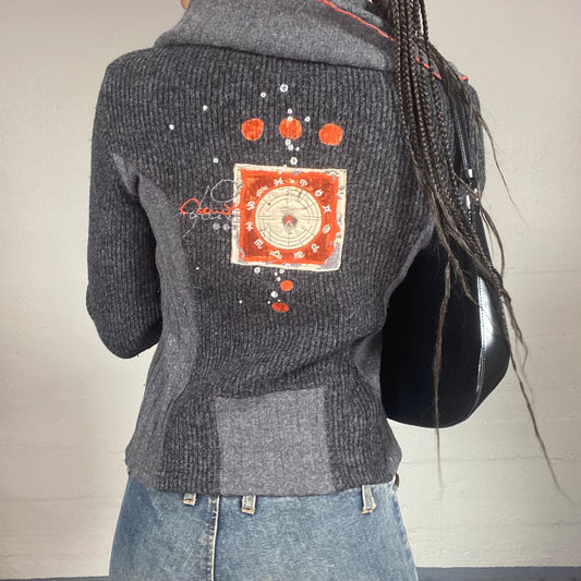 Vintage 2000's Downtown Girl Grey Zip Up Knitted Hoodie with Maxi Collar Detail (S)
