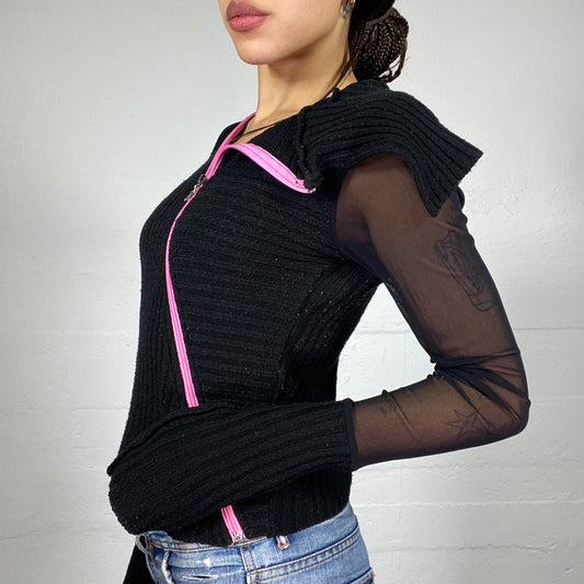 Vintage 2000's E-Girl Black Mesh Longsleeve Knitted Top with Fuchsia Lining (S)