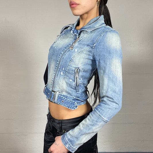 Vintage 2000's Downtown Girl Light Denim Cropped Jacket with Crossed Zip Detail (XS)