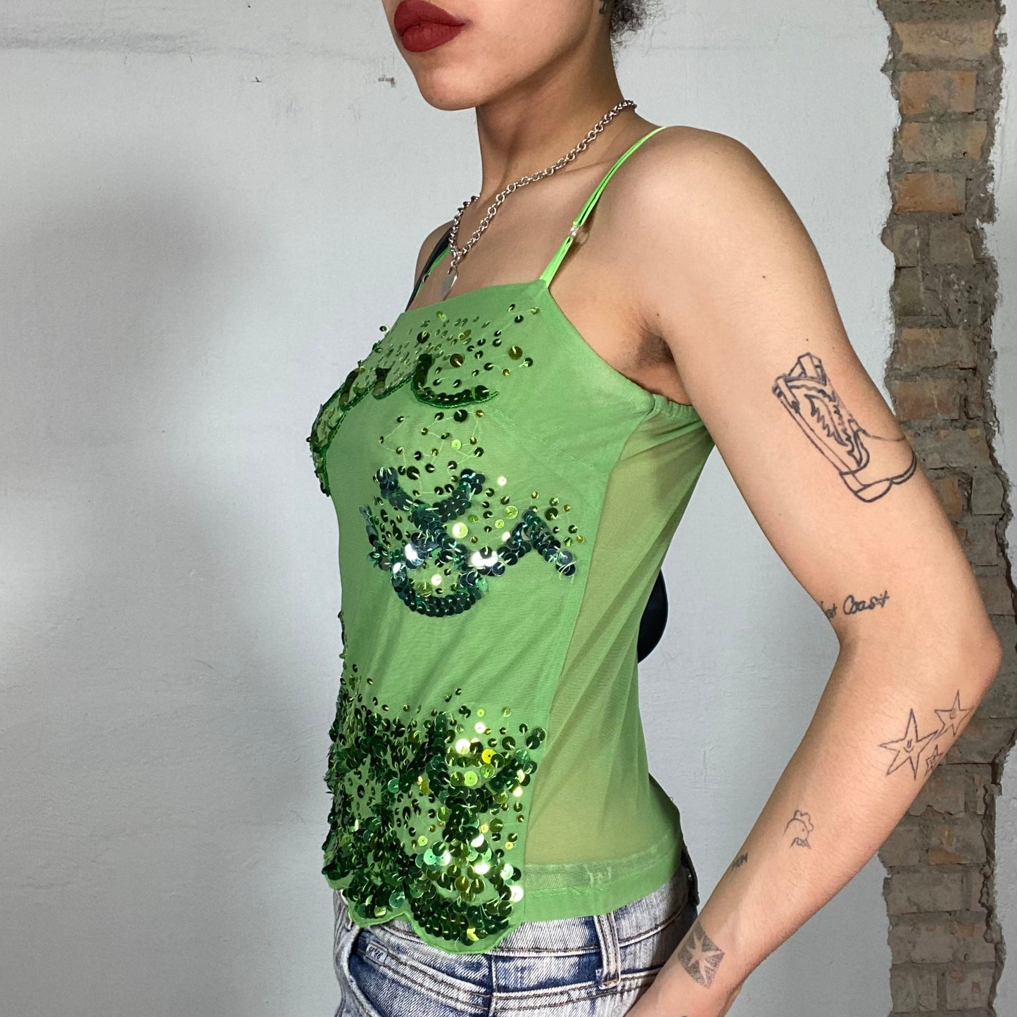 Vintage 2000's Mermaid Green Mesh Top with Sequin Pattern Details (S)