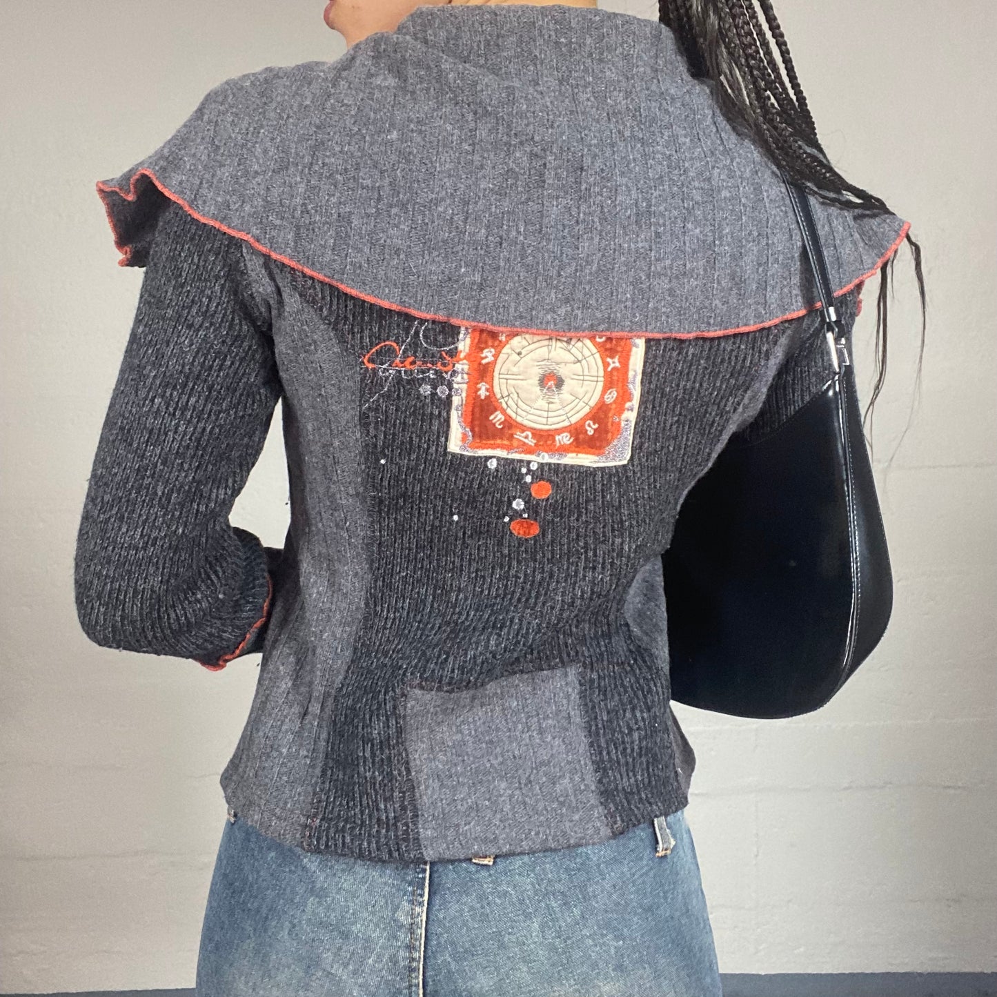 Vintage 2000's Downtown Girl Grey Zip Up Knitted Hoodie with Maxi Collar Detail (S)