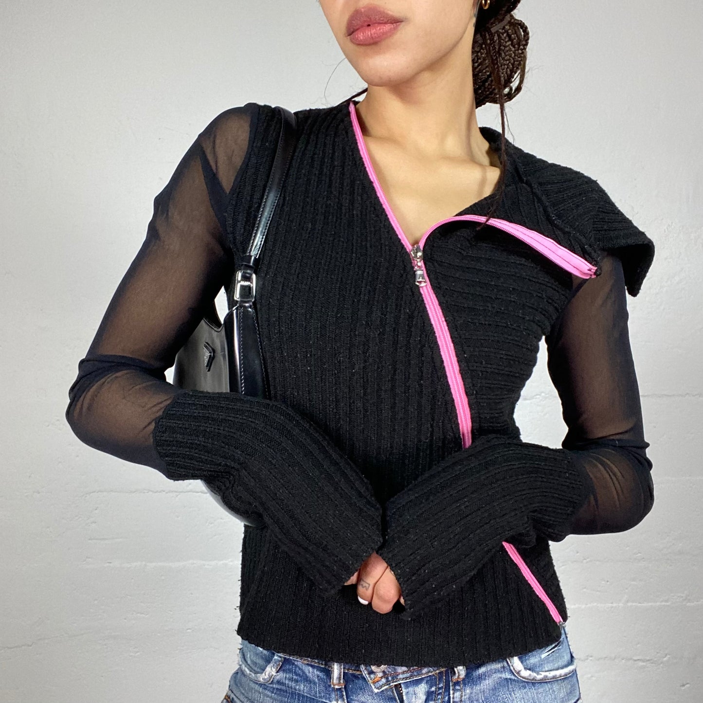 Vintage 2000's E-Girl Black Mesh Longsleeve Knitted Top with Fuchsia Lining (S)