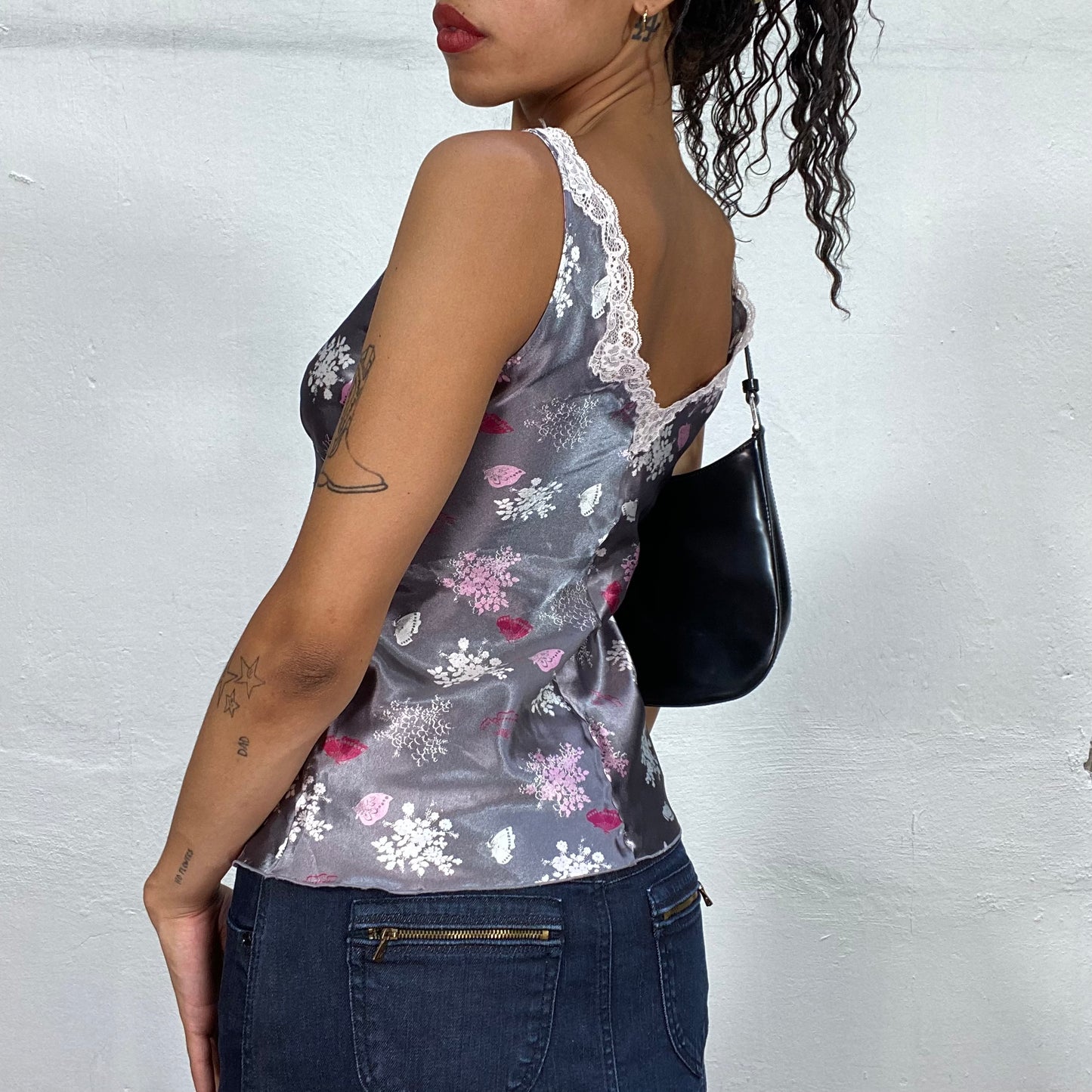 Vintage 2000's Coquette Grey Satin Top with Pink Floral Print and Lace Trim Detail (S)