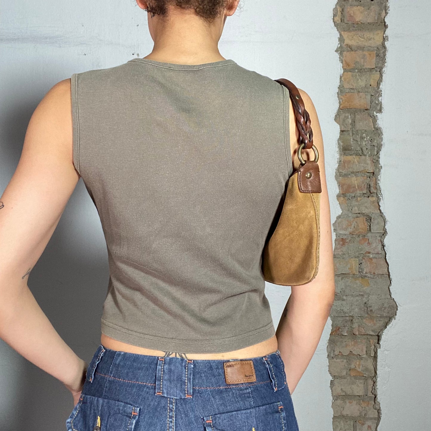 Vintage 90's Street Style Khaki Tank Top with Zipper Detail (S)