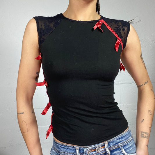 Vintage 2000's Downtown Girl Black Top with Red Side Ribbon Trim and Mesh Lace Back Detail (S)