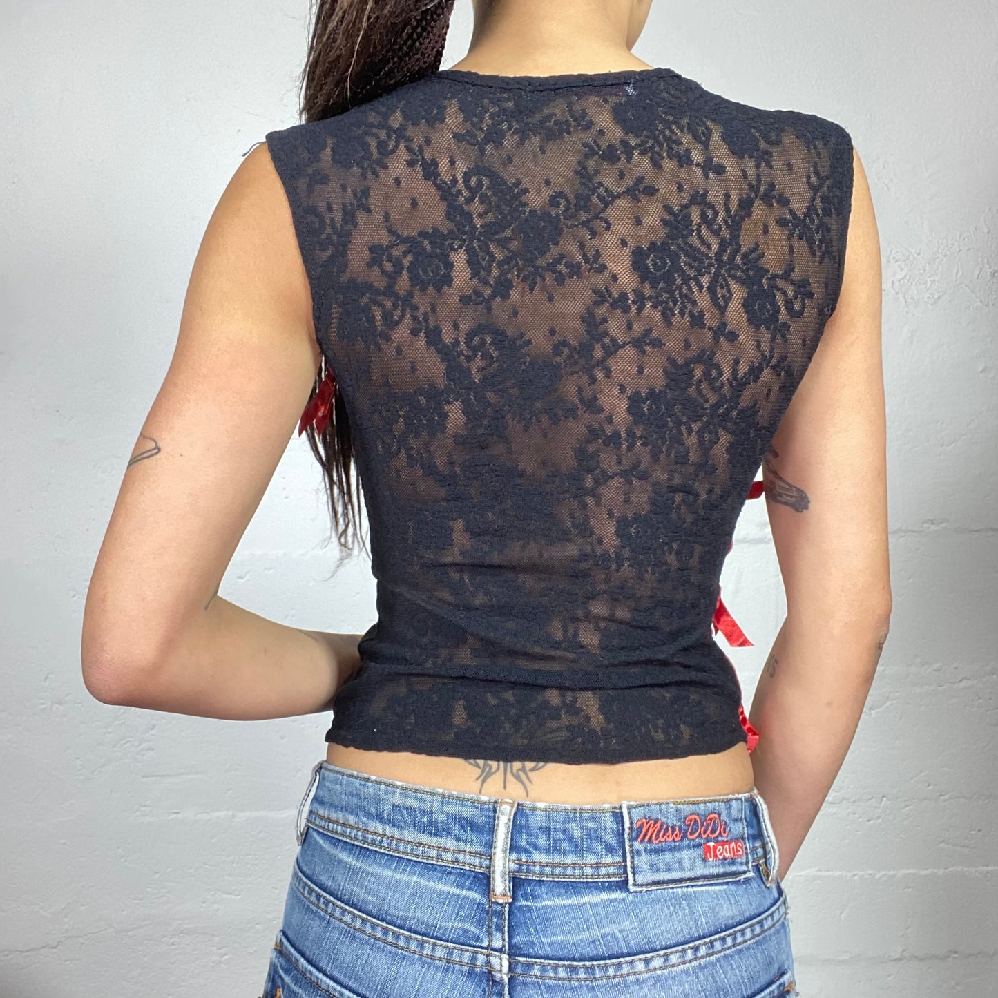Vintage 2000's Downtown Girl Black Top with Red Side Ribbon Trim and Mesh Lace Back Detail (S)