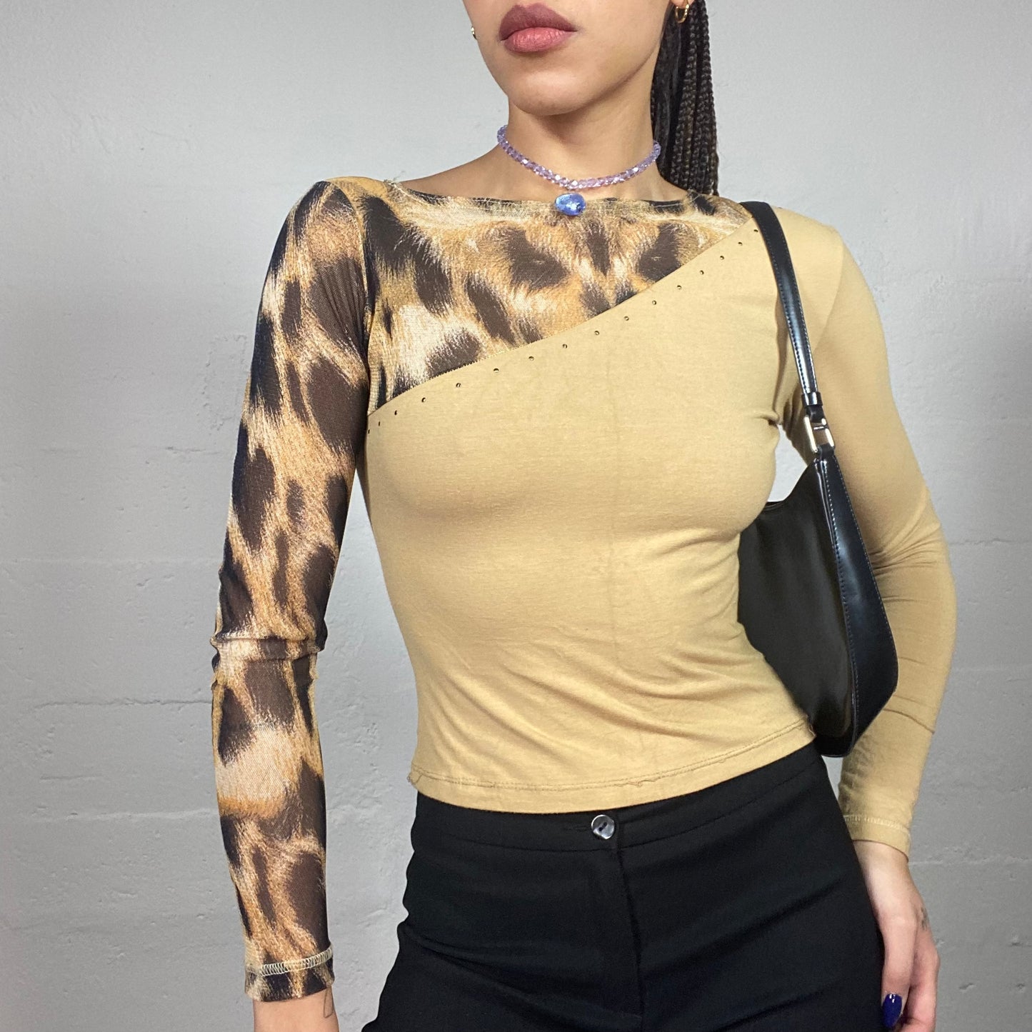 Vintage 2000's Cheetah Girls Beige Longsleeve Top with One Sleeve Leo Print (S/M)