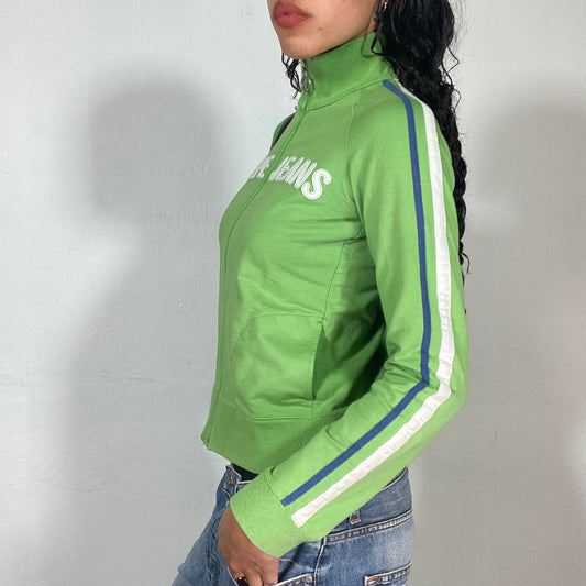 Vintage 2000's Pepe Jeans Blokette Green Zip Up Sweater with Deep Green & White Trim Detail (S)