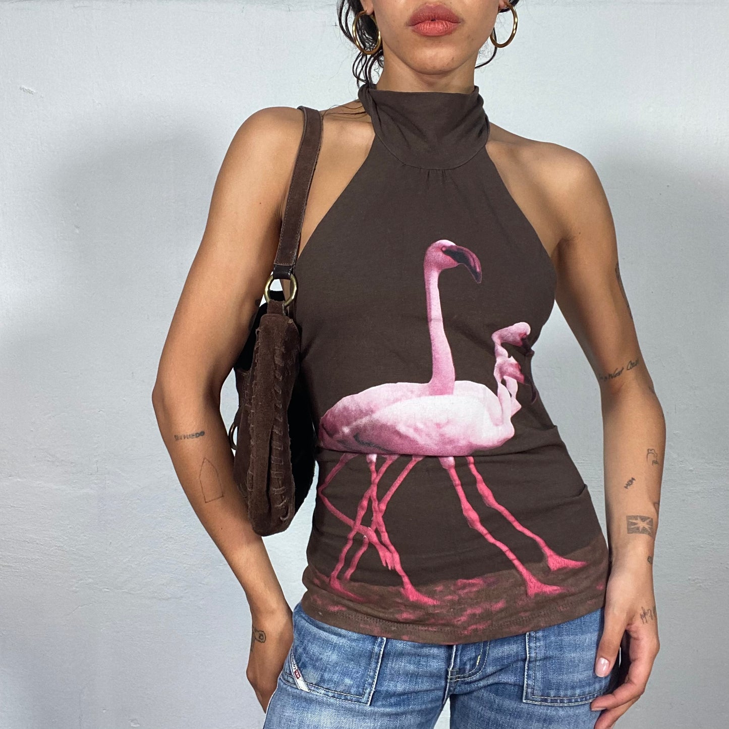 Vintage 90's Brown "Pink Flamingo" Neck-Halter Top (S)