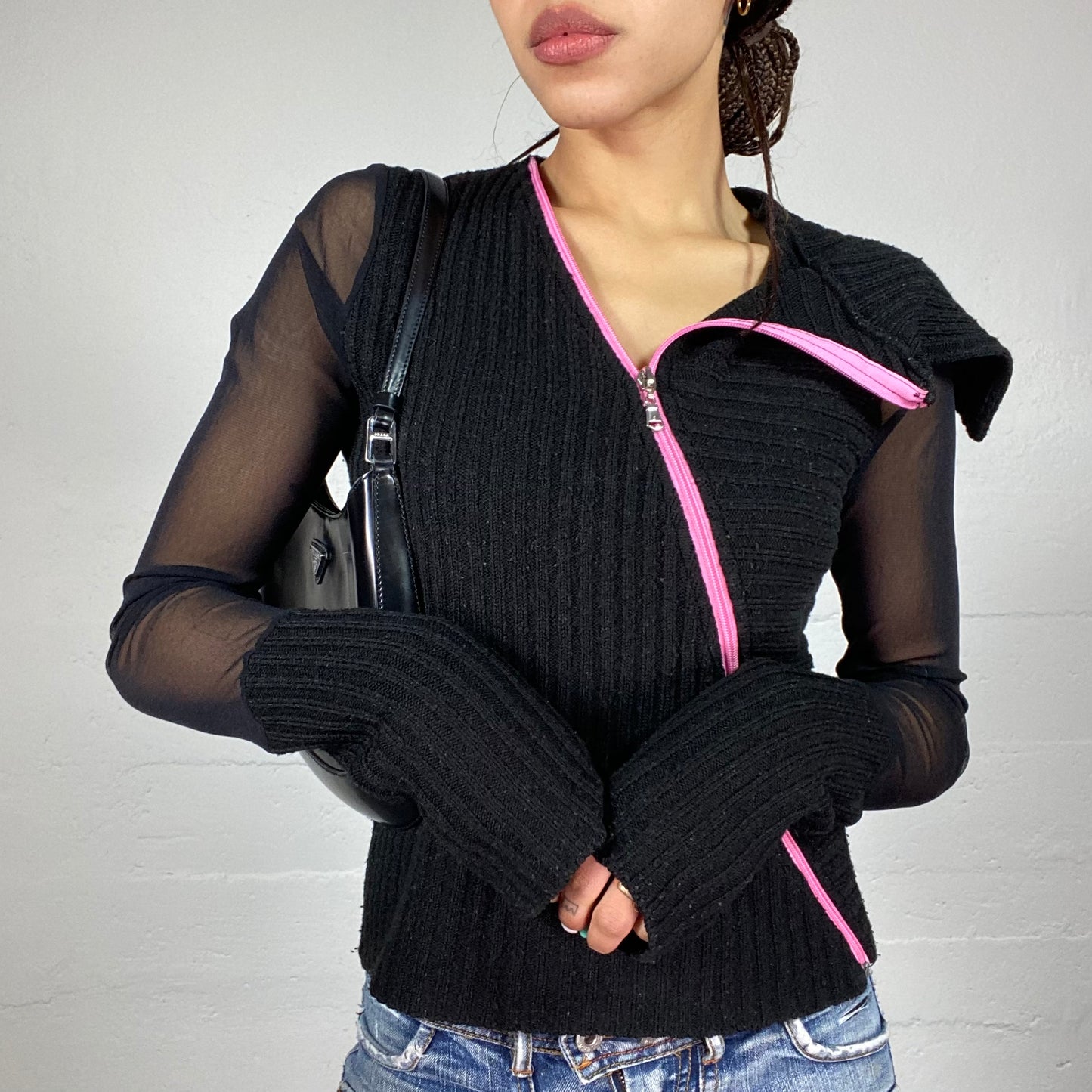 Vintage 2000's E-Girl Black Mesh Longsleeve Knitted Top with Fuchsia Lining (S)