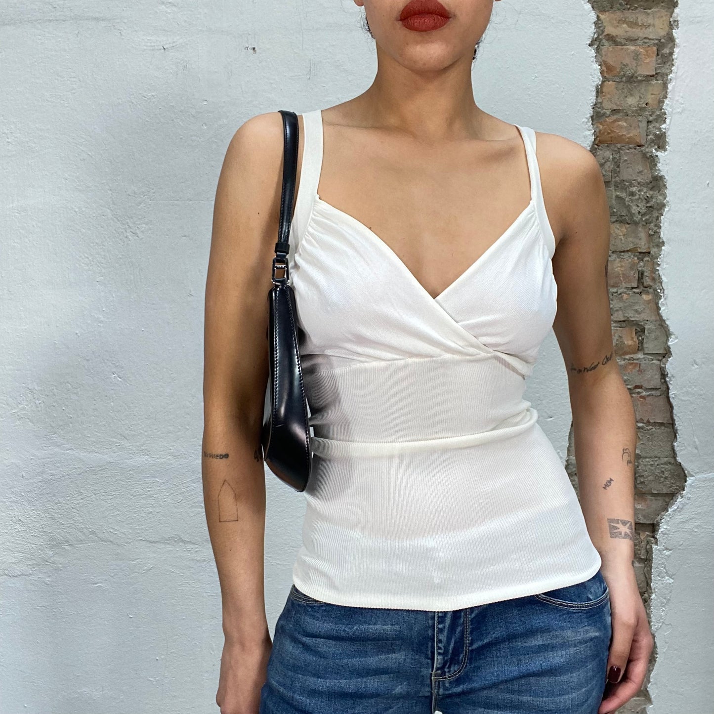 Vintage 2000's Downtown Girl White Top with Ribbed Waist Part (S)