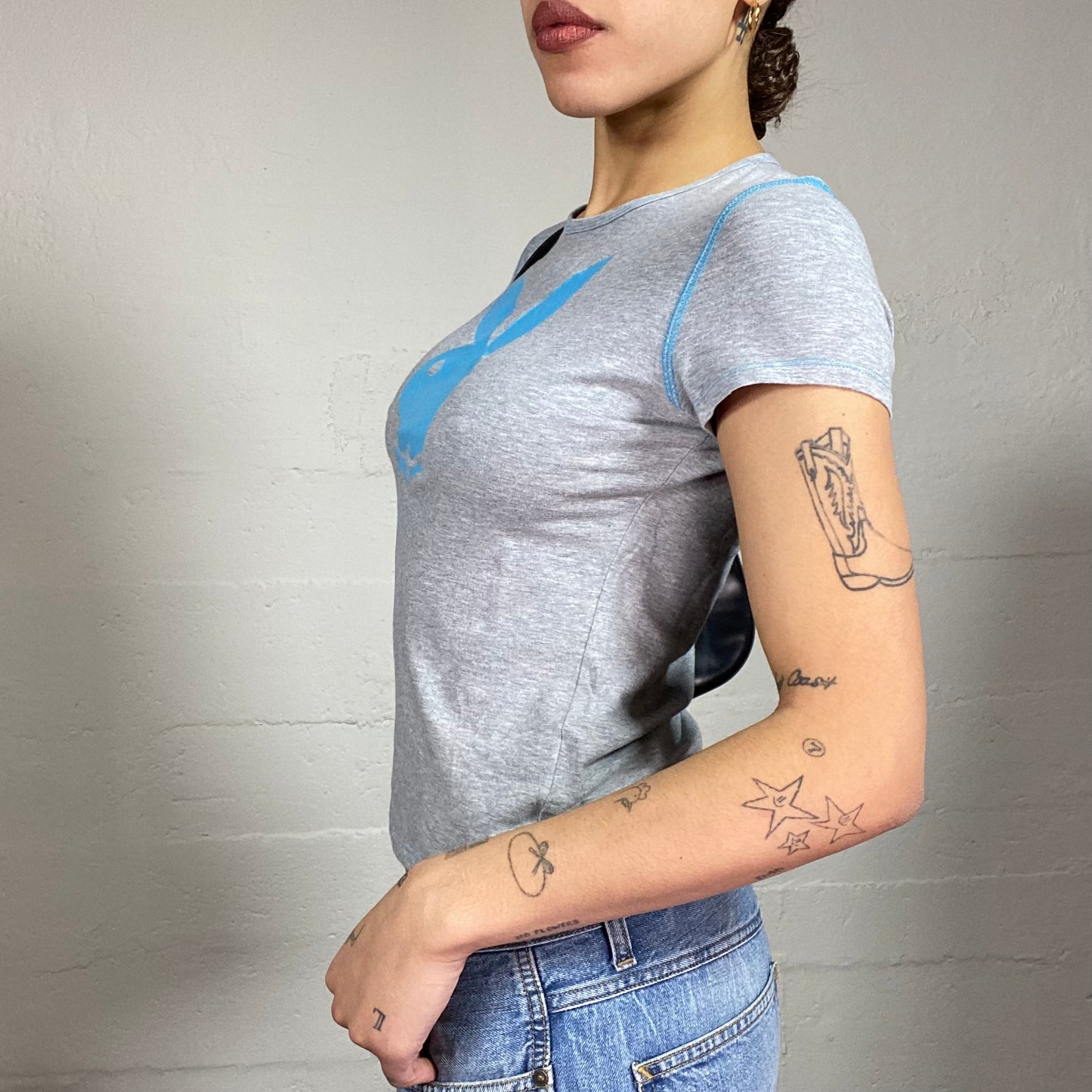 Vintage 2000's Playboy Grey Top with Blue Brand Print Detail (S)