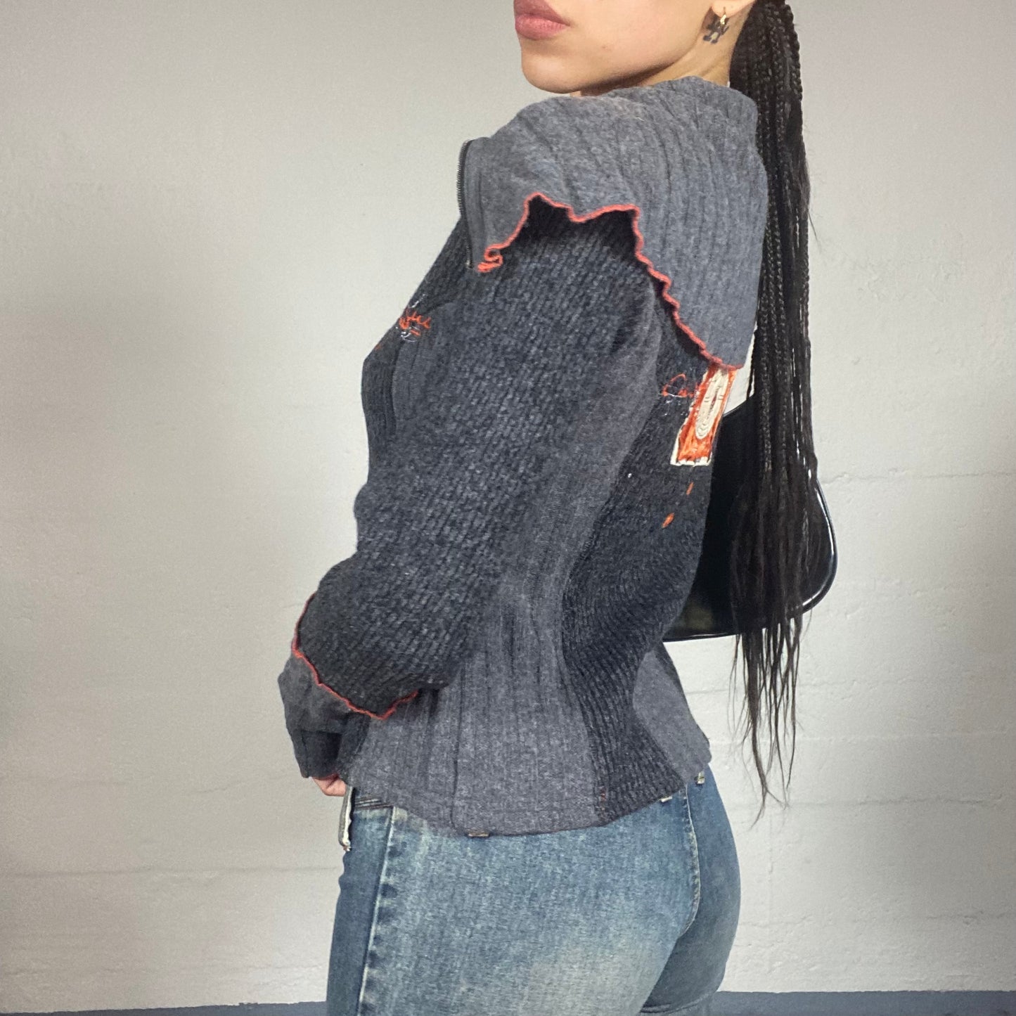 Vintage 2000's Downtown Girl Grey Zip Up Knitted Hoodie with Maxi Collar Detail (S)