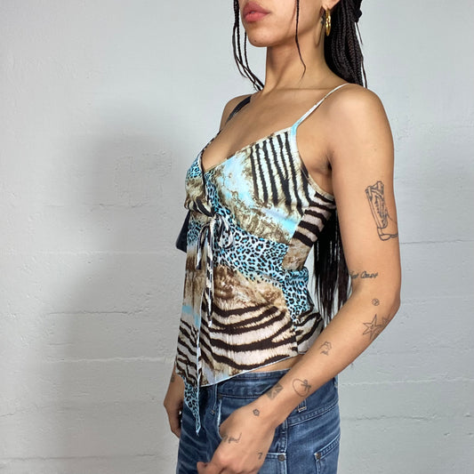 Vintage 2000's Snooki Blue and Beige Asymmetric Top with Zebra and Leo Print (S)