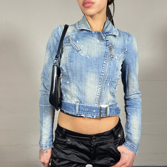 Vintage 2000's Downtown Girl Light Denim Cropped Jacket with Crossed Zip Detail (XS)