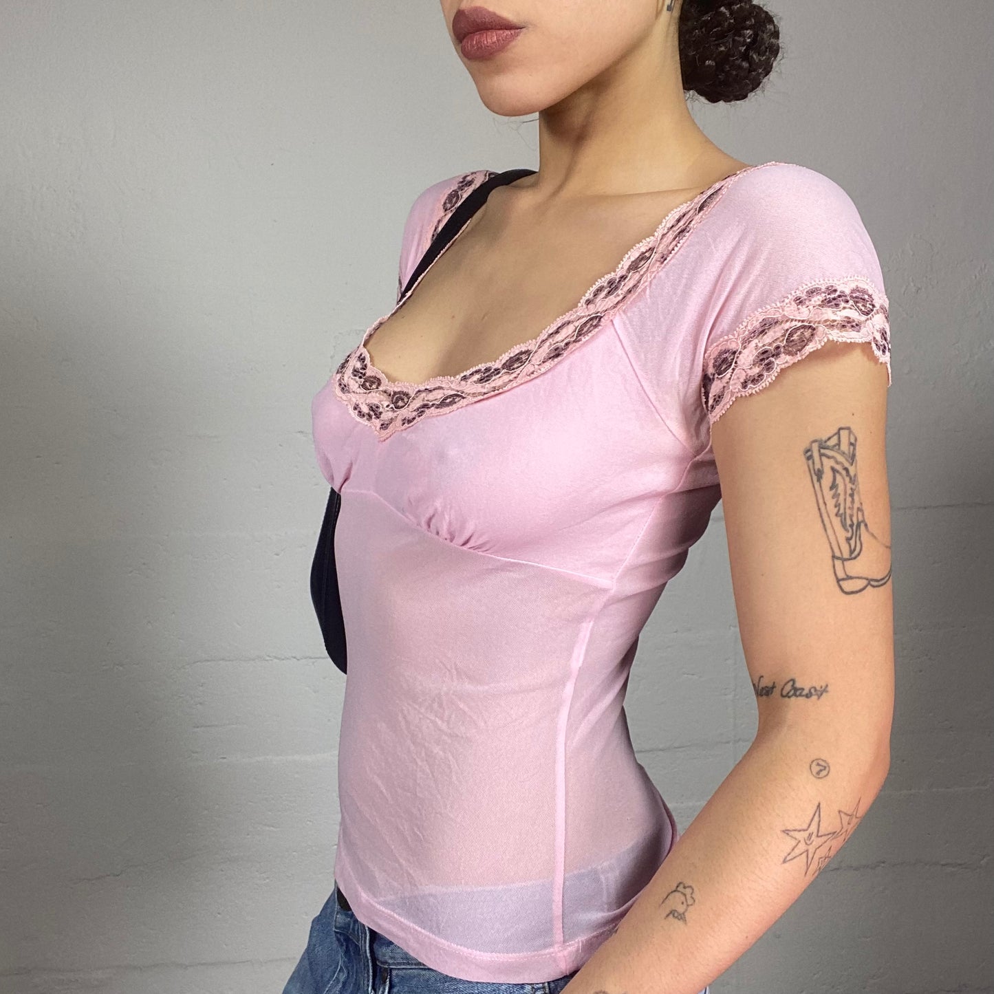 Vintage 2000's Coquette Pink Top with Lace Trim Detail (S)