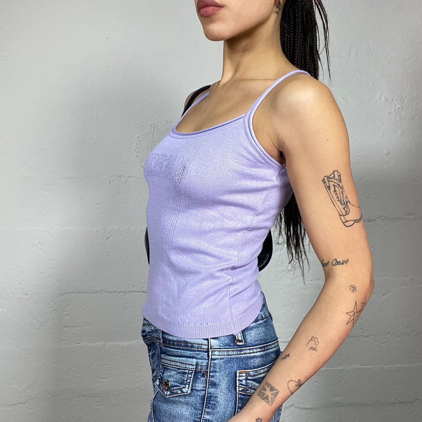 Vintage 90's Morgan Downtown Girl Lilac Top with Chenille Brand Print Detail (S)